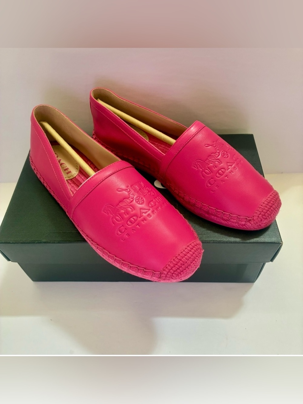 Coach Charlie Pink Leather Logo Espadrille Slip-On Flats Shoes Size 8  NIB